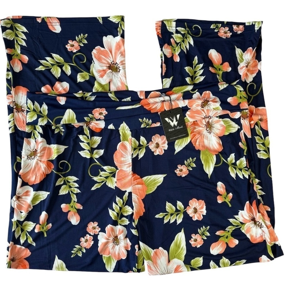 White Mark Navy with Peach Melon Flower Print Wide Leg Flowy Palazzo Pants 4X